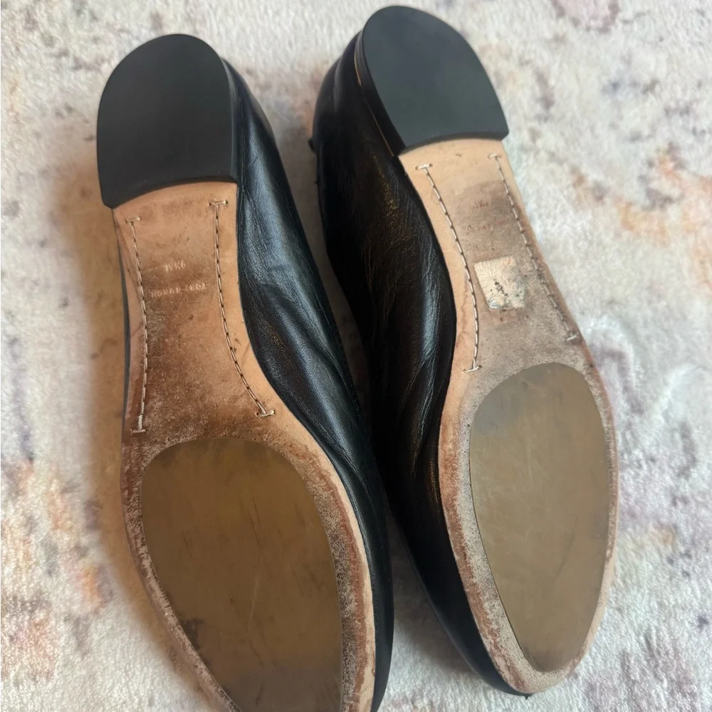 Tory Burch Black Leather Logo Ballet Flats with Gold Emblem